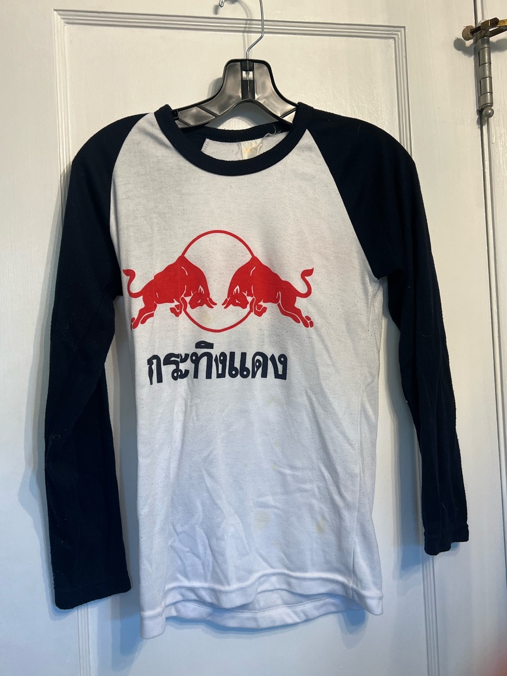 Long Sleeve Raglan Tee with Red Bull Graphic in Thai- White & Navy- sizeMed